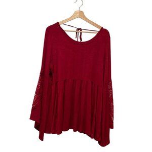 Torrid Baby Doll Top Womens 2x Burgundy Lace Sleeve  Stretch asymmetrical hem